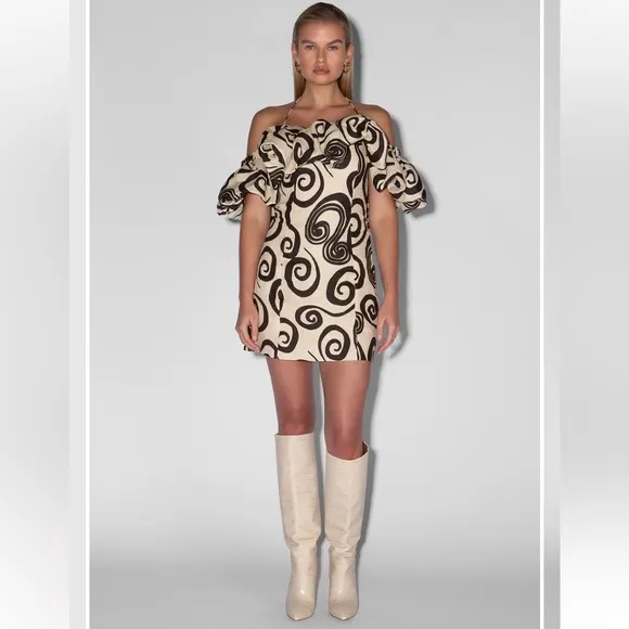 NWT The Wolf Gang Mirador Linen Mini Dress in Black/ Cream Size L