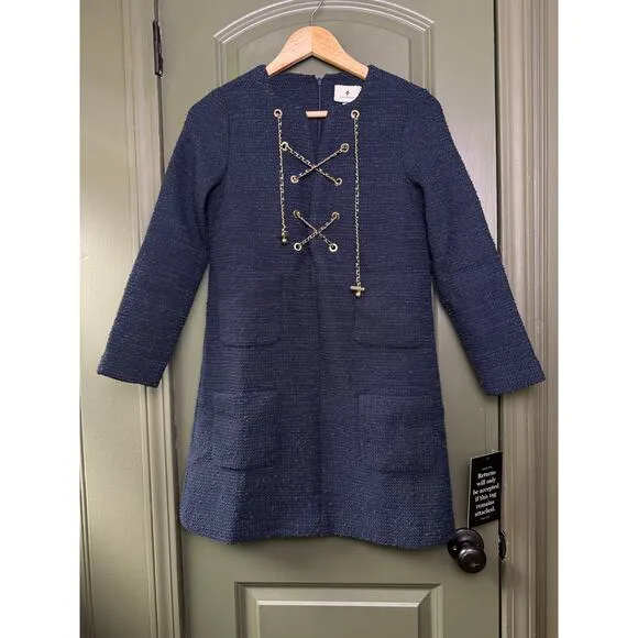 NWT Tuckernuck Navy Tweed Chain Lace‑Up Kelly Mini Vintage Inspired Dress XXS 00