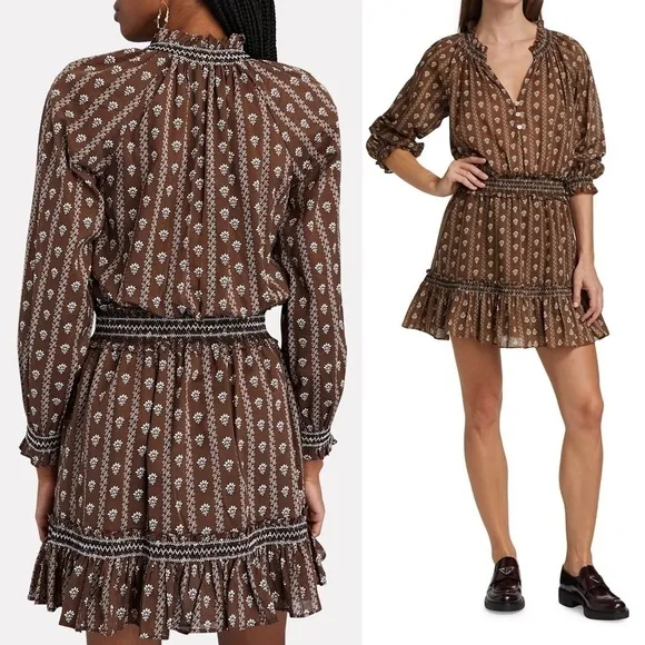 NWT VERONICA BEARD Floral Puffed Long Sleeve Embroidered Smocked Ruffled Dress M