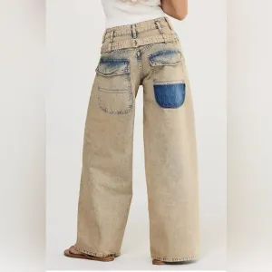 NWT We The Free Waterfalls Baggy Wide Leg Jeans Sz 26S in Cowboy Short/Khaki
