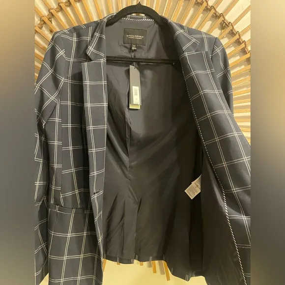 NWT Women’s Banana Republic Washable Navy Blue/White Plaid Blazer w/stretch Sz10