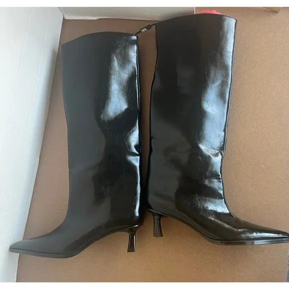 NWT Zara Black Patent Vegan Pointy Toe Knee High Kitten Heel Wide Calf Boots 6