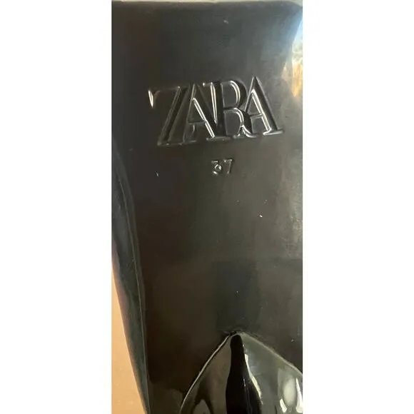 NWT Zara Black Patent Vegan Pointy Toe Knee High Kitten Heel Wide Calf Boots 6