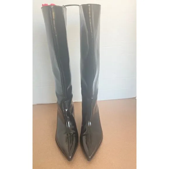 NWT Zara Black Patent Vegan Pointy Toe Knee High Kitten Heel Wide Calf Boots 6