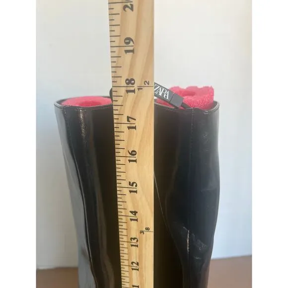 NWT Zara Black Patent Vegan Pointy Toe Knee High Kitten Heel Wide Calf Boots 6