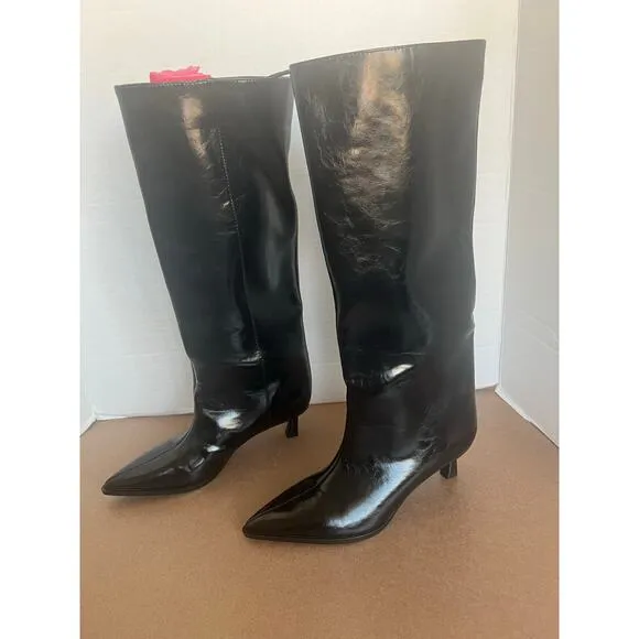NWT Zara Black Patent Vegan Pointy Toe Knee High Kitten Heel Wide Calf Boots 6