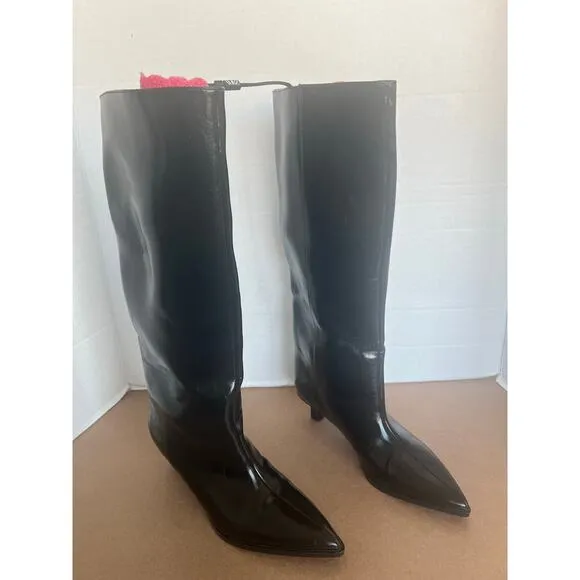 NWT Zara Black Patent Vegan Pointy Toe Knee High Kitten Heel Wide Calf Boots 6