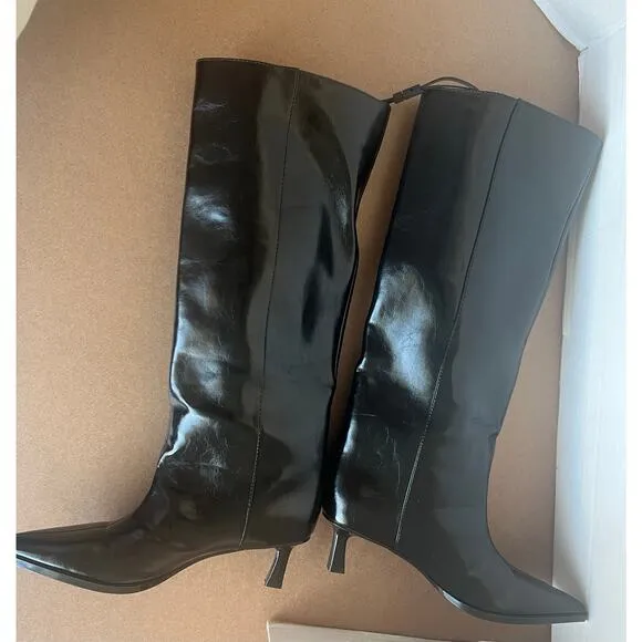 NWT Zara Black Patent Vegan Pointy Toe Knee High Kitten Heel Wide Calf Boots 6