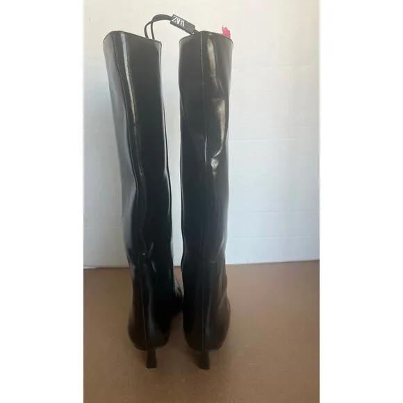 NWT Zara Black Patent Vegan Pointy Toe Knee High Kitten Heel Wide Calf Boots 6