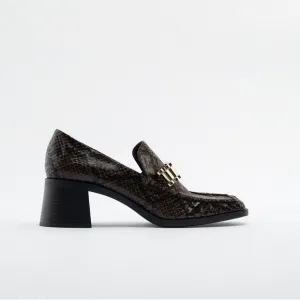 NWT. Zara Black/Brown Animal Print Wide Heel Loafers with Buckle. Size 10.
