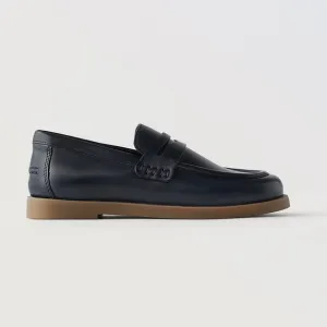 NWT. Zara Navy Blue Penny Loafers in 100% Cowhide Leather. Size 5.