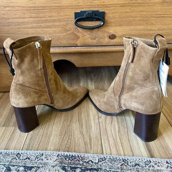 NWT Zara Suede Leather Stacked Heel Ankle Boots in Tan - 8