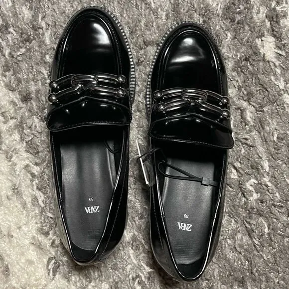 NWT Zara Lug Sole Embellished Loafers