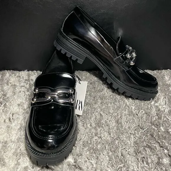 NWT Zara Lug Sole Embellished Loafers