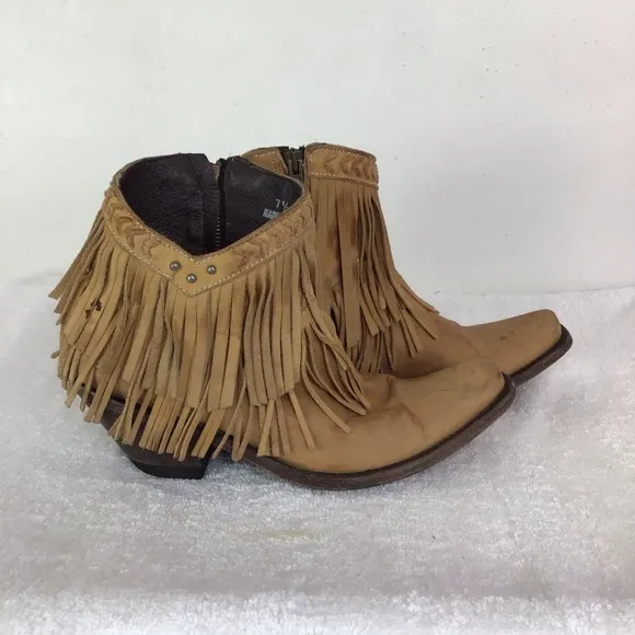 OLD GRINGO WOMEN PANDORA CARMEL FRINGE SQUARE TOE LEATHER ANKLE BOOTS SZ 7.5B