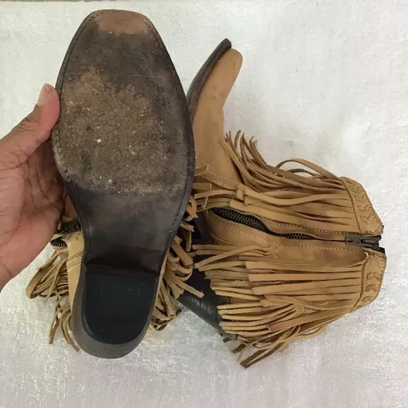 OLD GRINGO WOMEN PANDORA CARMEL FRINGE SQUARE TOE LEATHER ANKLE BOOTS SZ 7.5B