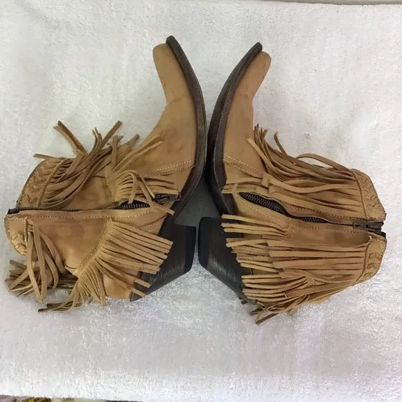 OLD GRINGO WOMEN PANDORA CARMEL FRINGE SQUARE TOE LEATHER ANKLE BOOTS SZ 7.5B