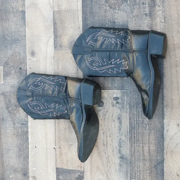 Old West Black Leather Western Cowboy boots Kids 2.5