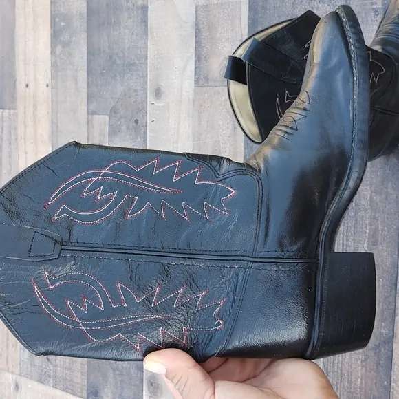 Old West Black Leather Western Cowboy boots Kids 2.5