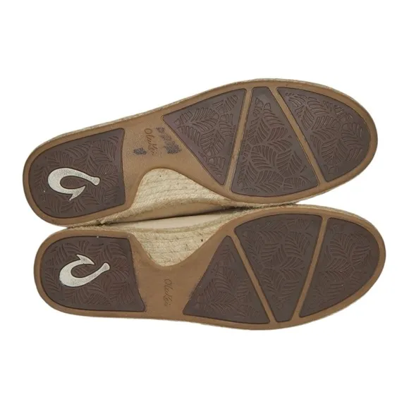 OluKai Women’s Kaula Pa‘a ‘Ili Leather Espadrilles Beige Embroidered Size 10