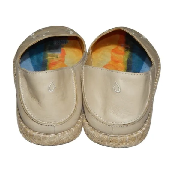 OluKai Women’s Kaula Pa‘a ‘Ili Leather Espadrilles Beige Embroidered Size 10