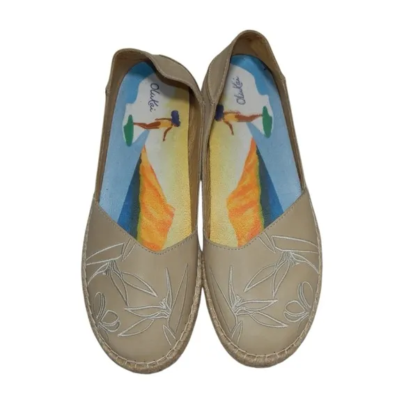 OluKai Women’s Kaula Pa‘a ‘Ili Leather Espadrilles Beige Embroidered Size 10