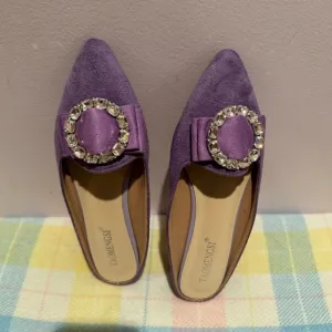 Omega Purple Suede Flats with Rhinestone Buckles