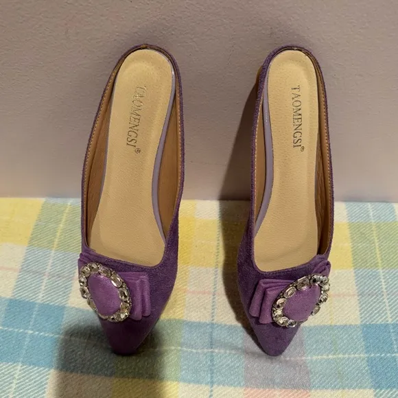 Omega Purple Suede Flats with Rhinestone Buckles