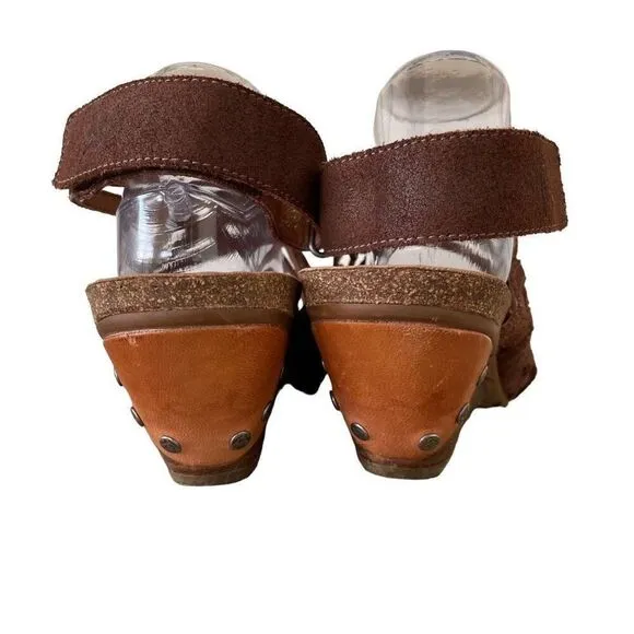 OTBT St Joseph Leather Strappy Heeled Sandals Wood Women Size 11 Artsy Unique
