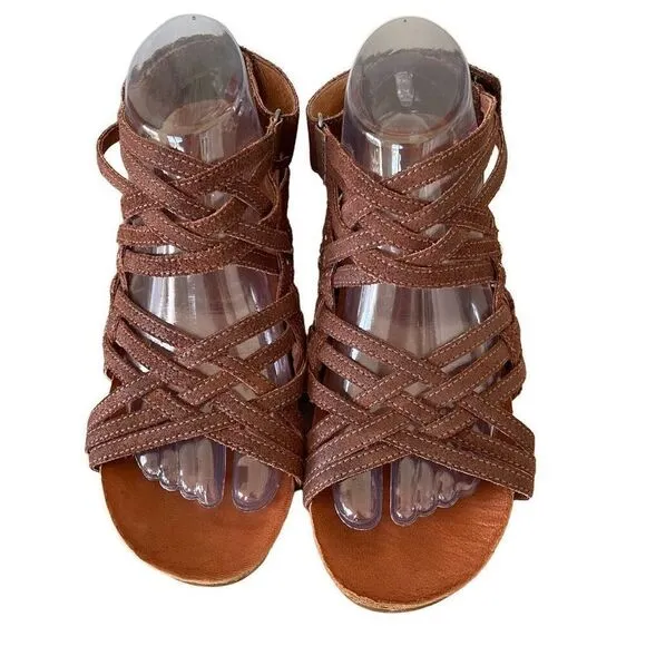 OTBT St Joseph Leather Strappy Heeled Sandals Wood Women Size 11 Artsy Unique