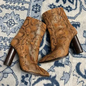 PAIGE &quot;Kaylee&quot; Snakeskin Statement Boots goat leather camel brown stacked heel 7