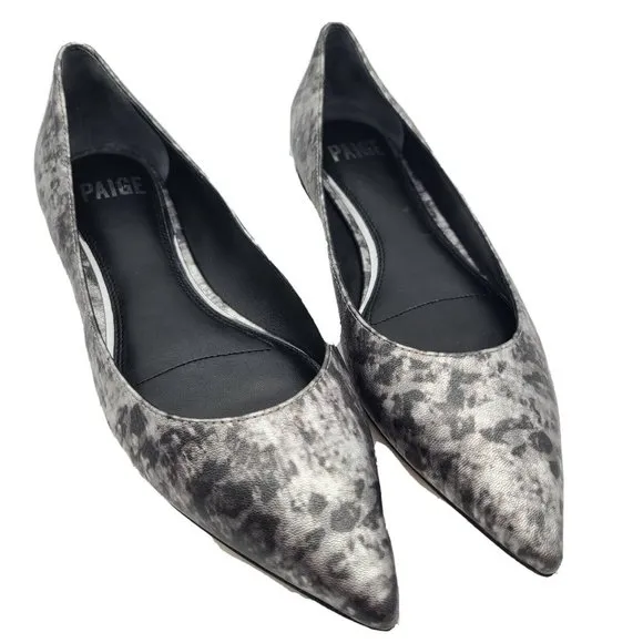 PAIGE women flats pointed toe silver black metallic leather size 6  new