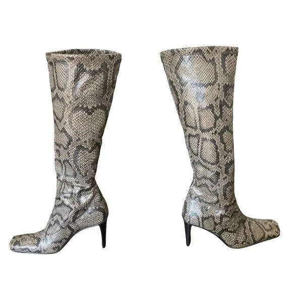 Paola Ferri Leather Snakeskin Knee High Boots. Womens Size 37 Square Toe Python