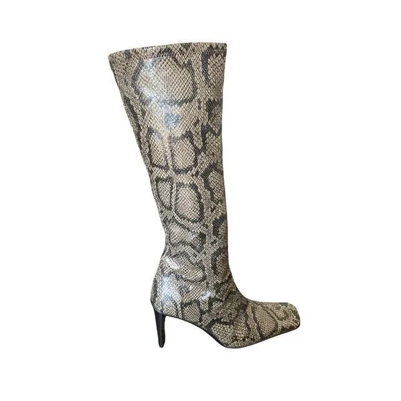 Paola Ferri Leather Snakeskin Knee High Boots. Womens Size 37 Square Toe Python