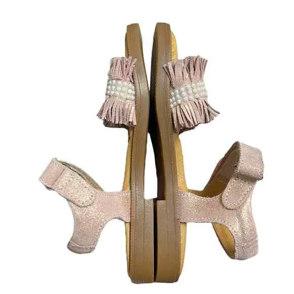 Papouelli Toddler’s Pink Leather Fringed and Beaded Sandals Size 26 (US 9.5)