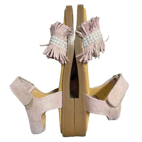 Papouelli Toddler’s Pink Leather Fringed and Beaded Sandals Size 26 (US 9.5)