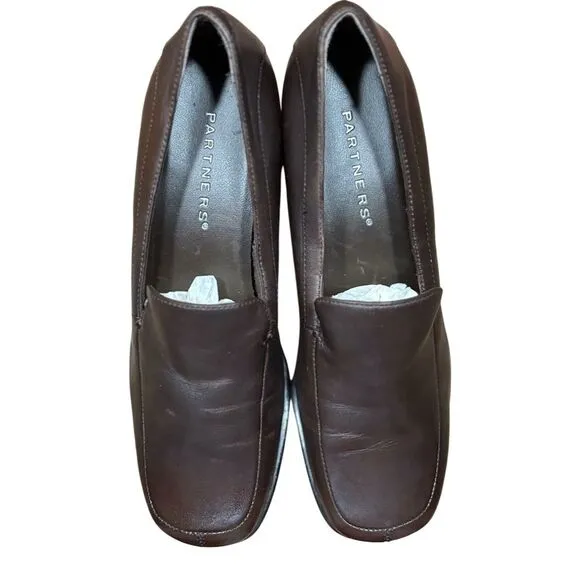 Partners , Women's Brown Leather Block Heel Loafers Size 6 Mule