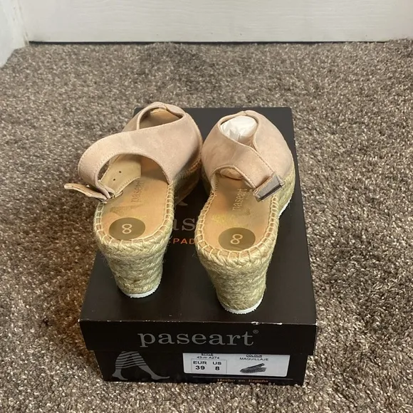 Paseart Espadrilles Slingback Wedge Sandal Pinkish Beige Suede Leather Sz 8 NIB