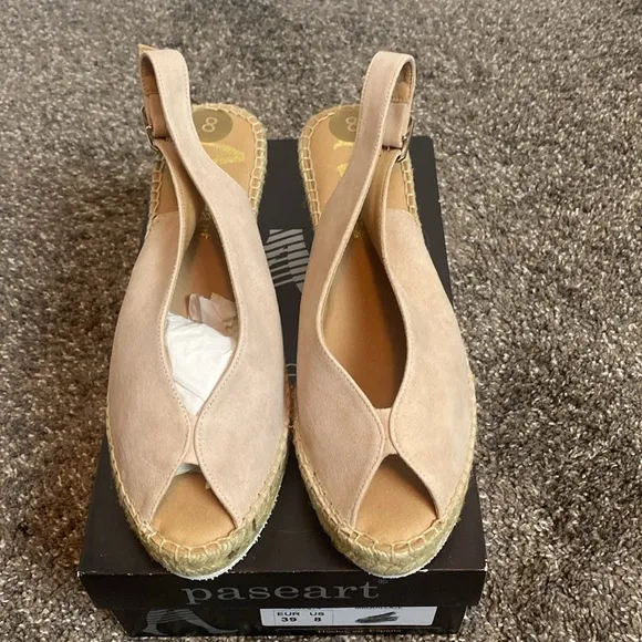Paseart Espadrilles Slingback Wedge Sandal Pinkish Beige Suede Leather Sz 8 NIB