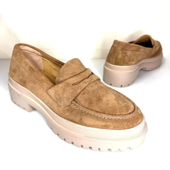 PATINA Zoe Chunky Loafers Women's Size 7.5 Tan Suede Leather Platform Lug Sole