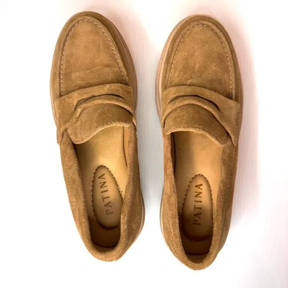 PATINA Zoe Chunky Loafers Women's Size 7.5 Tan Suede Leather Platform Lug Sole