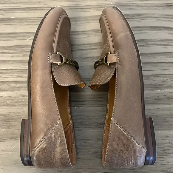 PATRICIA NASH FIA TAUPE LEATHER HORSE BIT LOAFERS 6