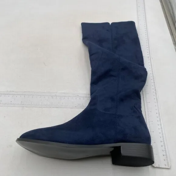 Pazzion Womens Almond Toe Knee High Boots with Partial Zippers Stretchy Blue