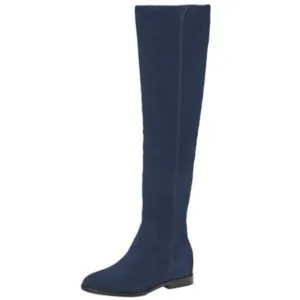 Pazzion Womens Almond Toe Knee High Boots with Partial Zippers Stretchy Blue