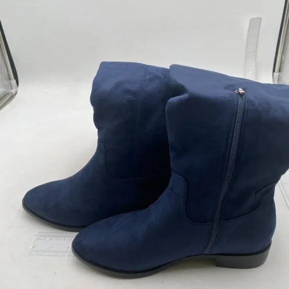 Pazzion Womens Almond Toe Knee High Boots with Partial Zippers Stretchy Blue