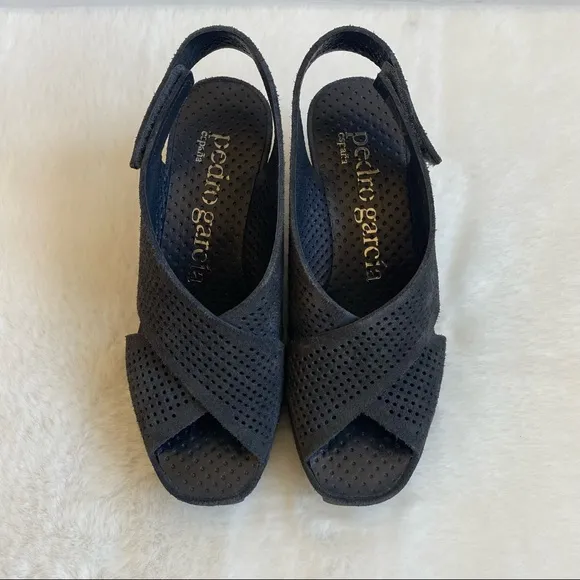 Pedro Garcia Black Frigg Wedge Perforated Slingback Sandals | Sz 5.5