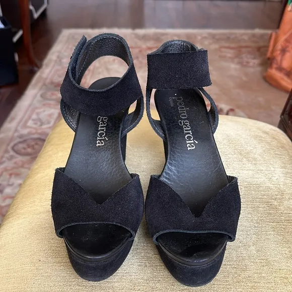 Pedro Garcia Black Suede Platform Wedge Sandals Size 9.5