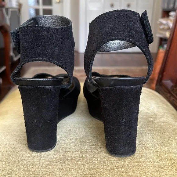 Pedro Garcia Black Suede Platform Wedge Sandals Size 9.5