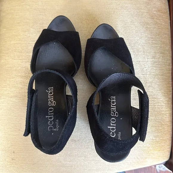 Pedro Garcia Black Suede Platform Wedge Sandals Size 9.5