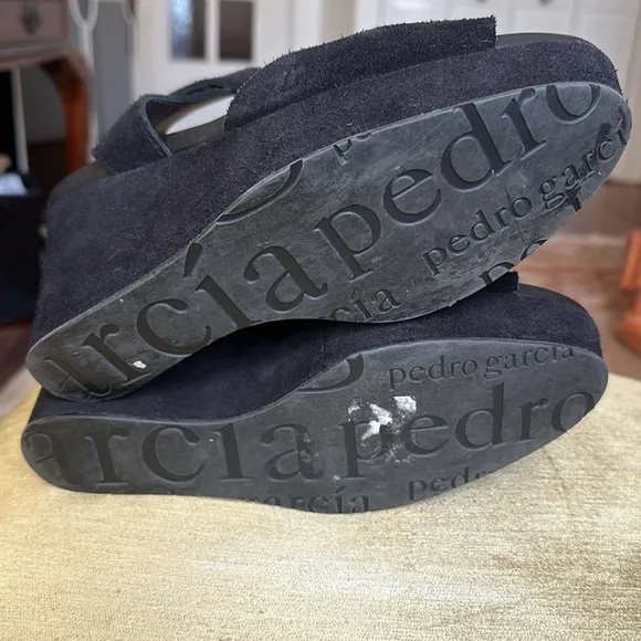 Pedro Garcia Black Suede Platform Wedge Sandals Size 9.5